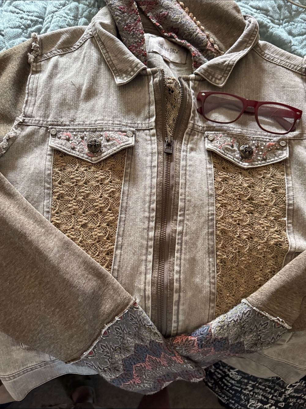 Miss Me Beige Lace-Accent Jean Jacket with Embroidered Pockets